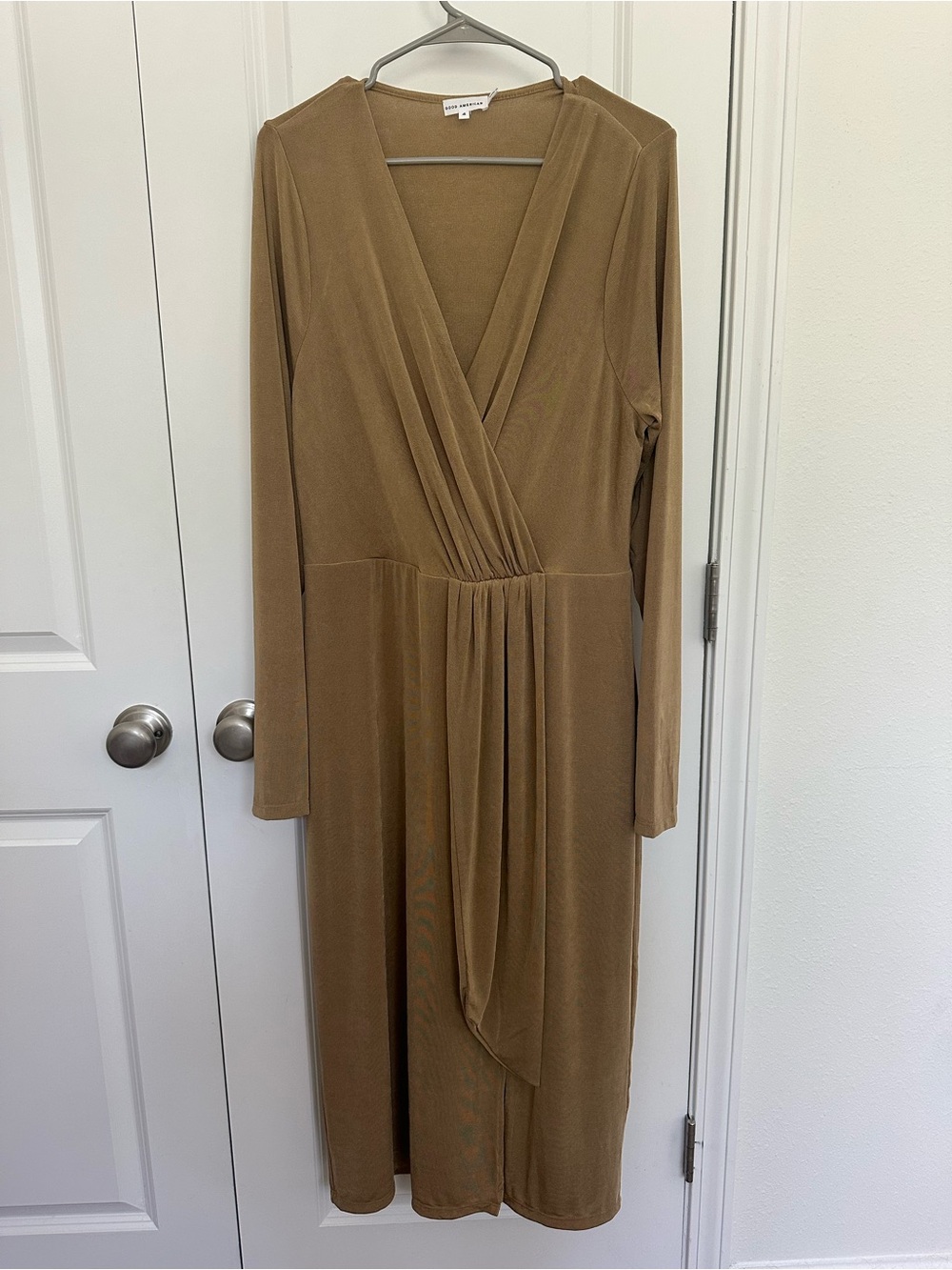 Good American Shimmer Wrap Midi Dress in Gold - Picture 2 of 5